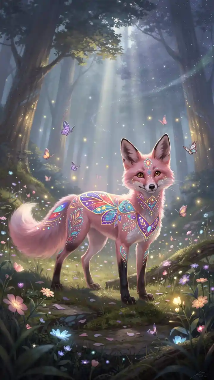 Mythical pink fox in a glowing enchanted forest