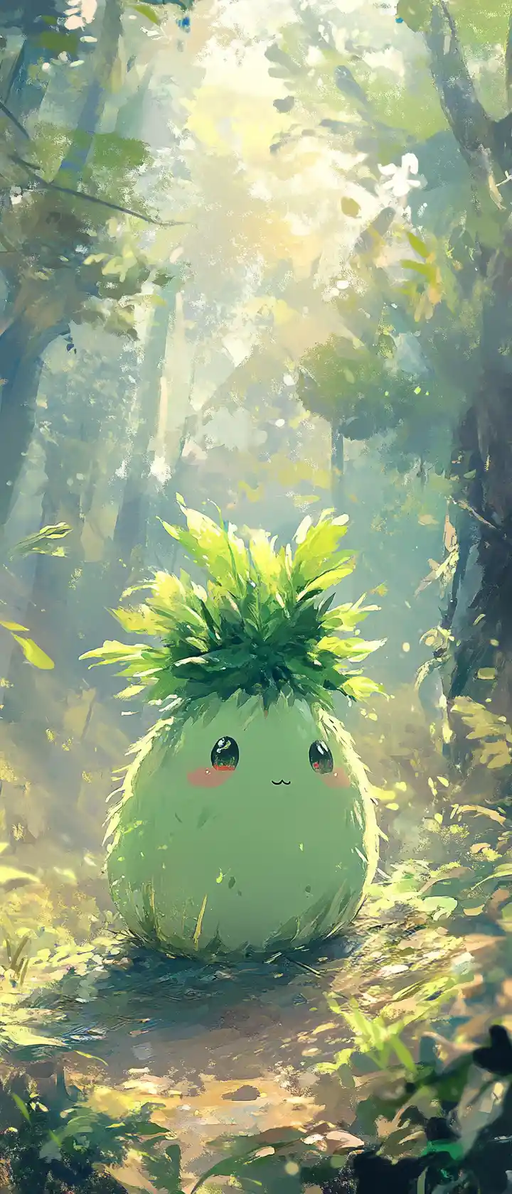 Lush green plant mascot in a dreamy pastel forest scene