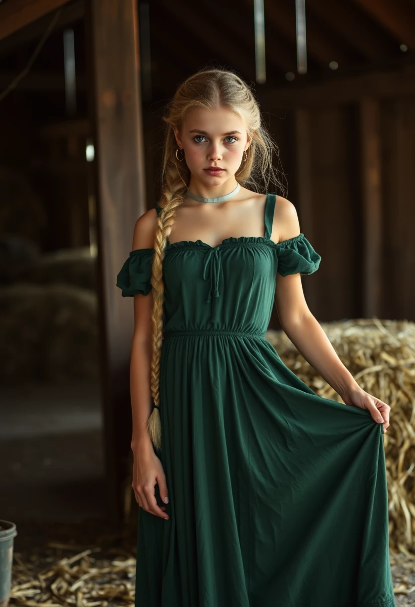 Young blonde girl in a long green dress in barn