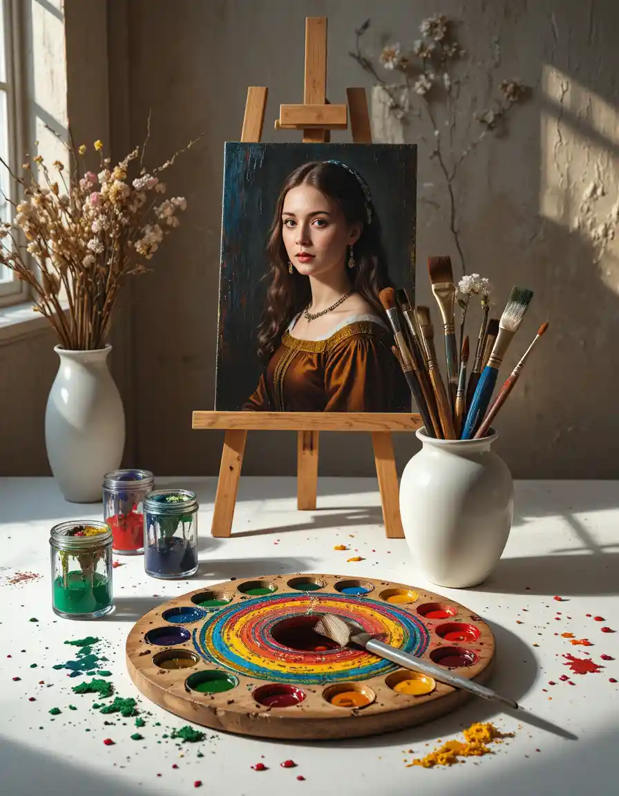 Cinematic still life of colorful painter workspace in studio