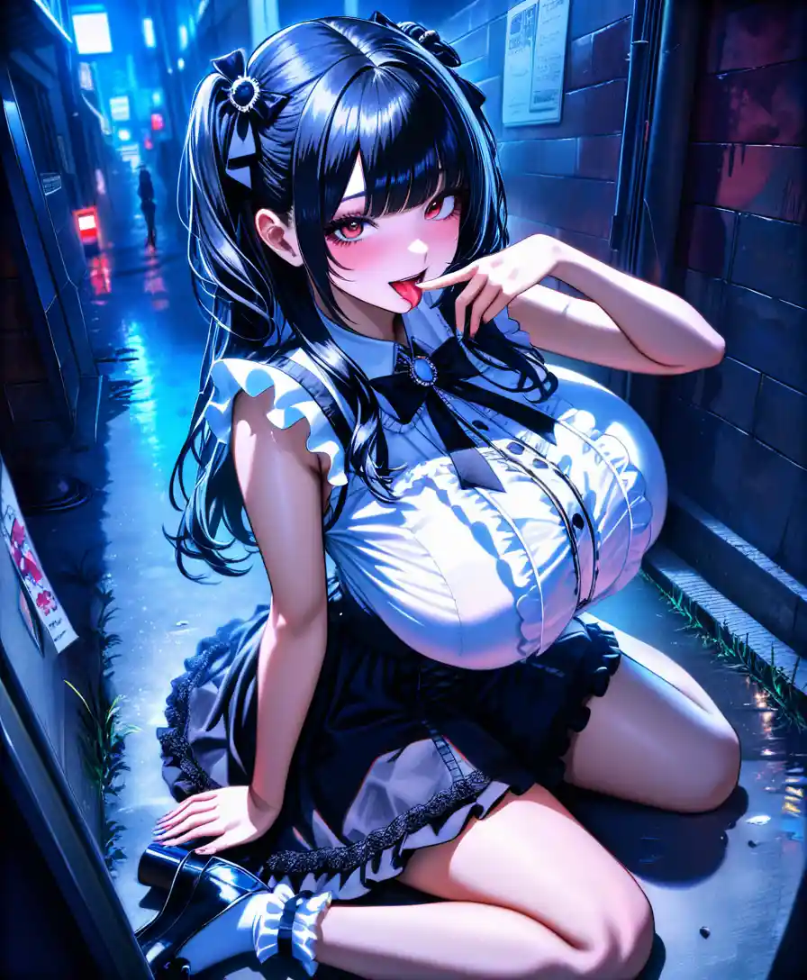 Anime girl sitting in a dark alley at night