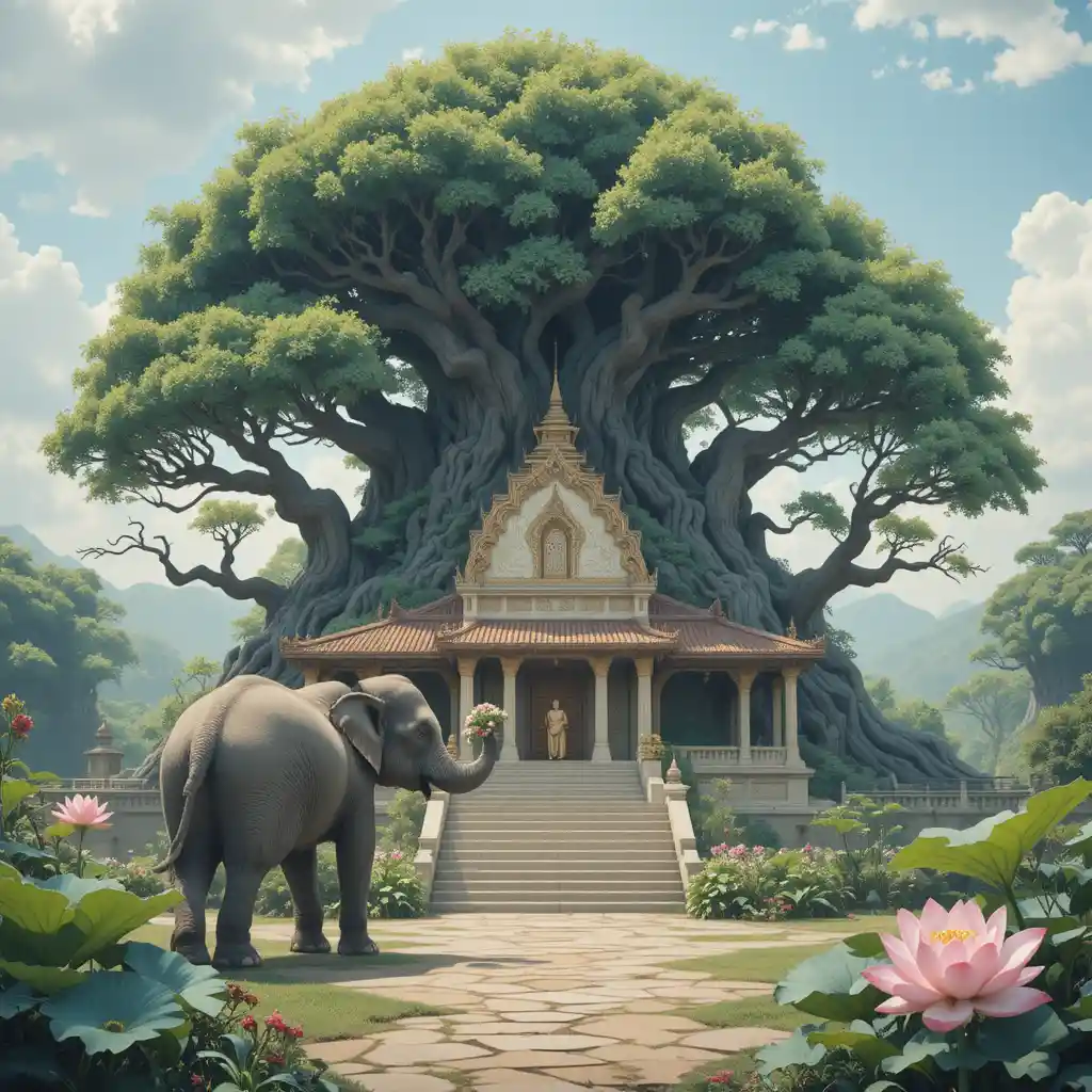 Templo budista bajo un árbol bodhi con elefante gentil