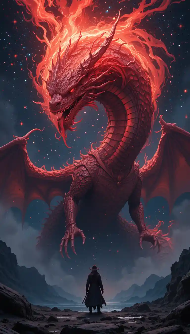 Enormous red seven headed dragon crowned in a starry sky