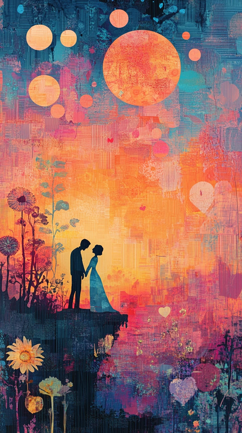 Dreamy Comic Style Couple Silhouette At Sea Sunset