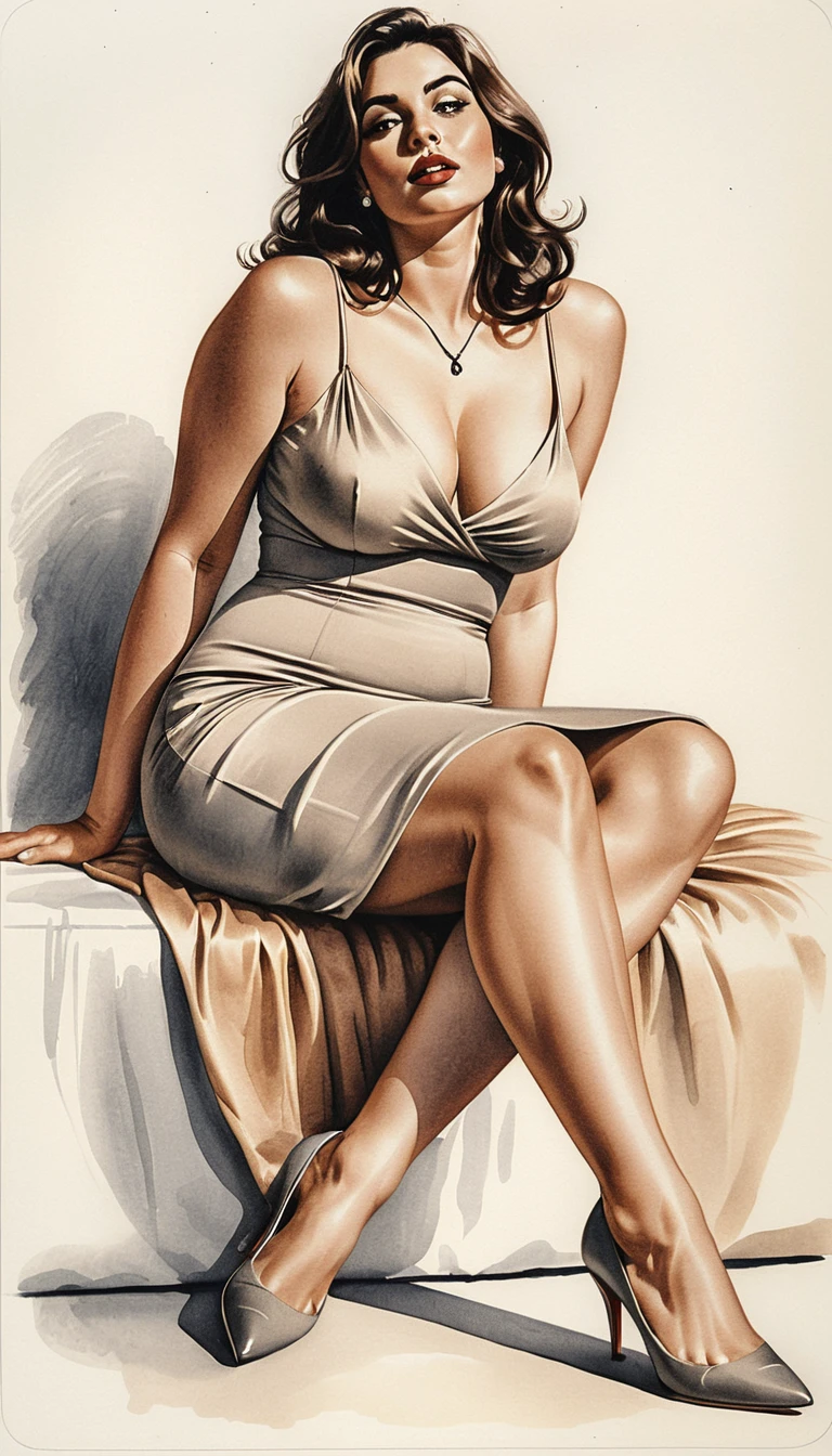 Glamourosa donna pin up in abito di raso su sedia bianca