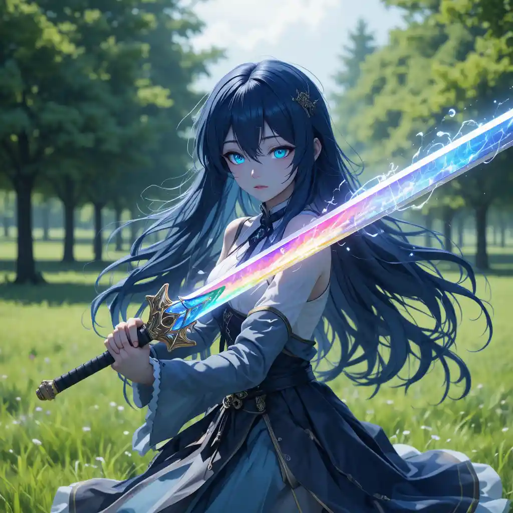 Anime girl wielding a rainbow sword in a green field