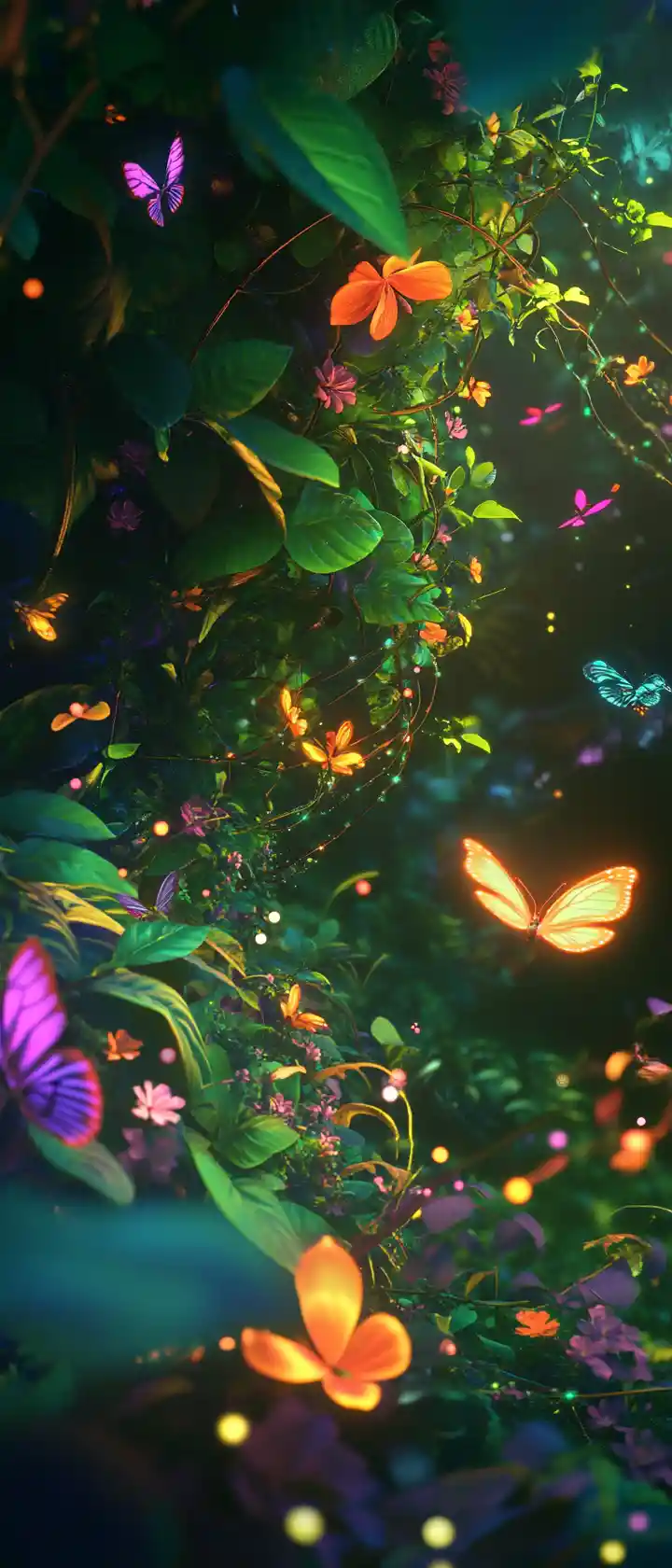 Lush 3d garden with glowing butterflies and flowers
