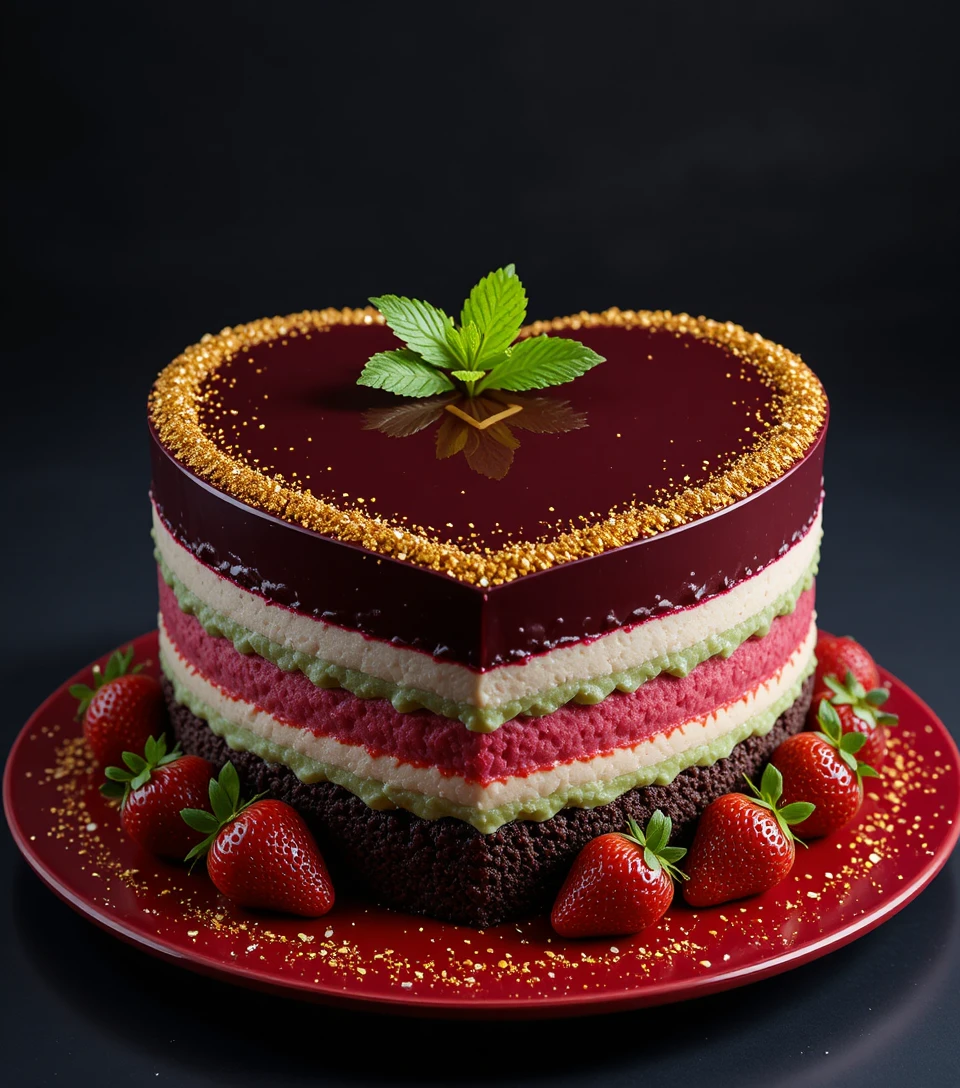 Heart shaped mousse cake with strawberries and gold details