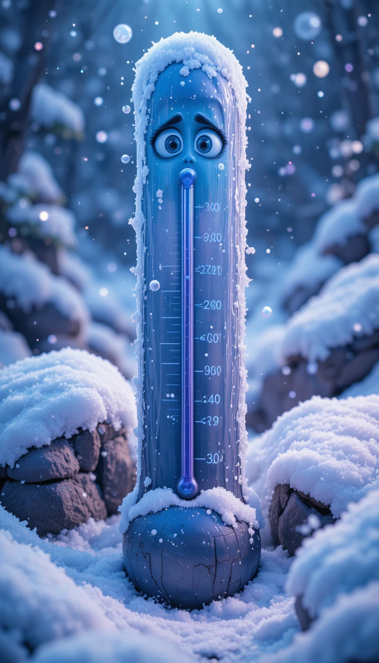 Cartoon thermometer with frightened eyes in falling snow