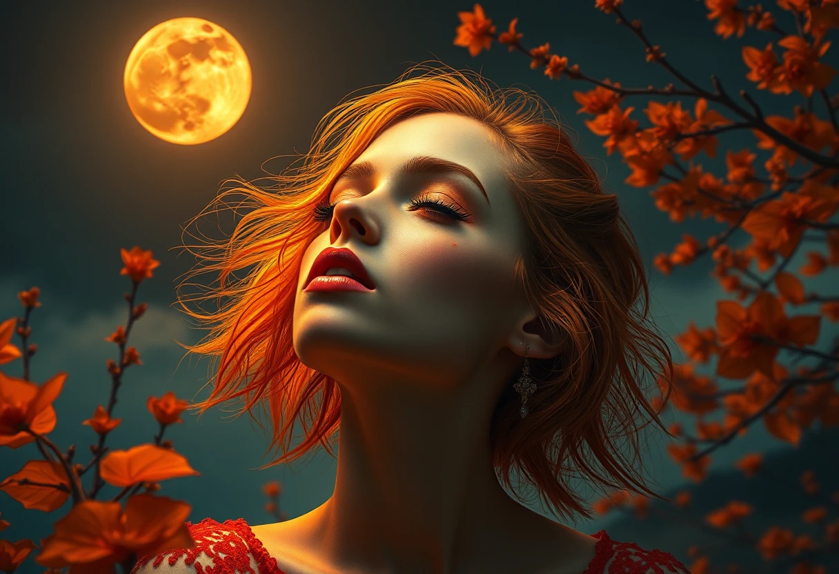 Ritratto surreale di una luna arancione in stile fantasia pop surreale