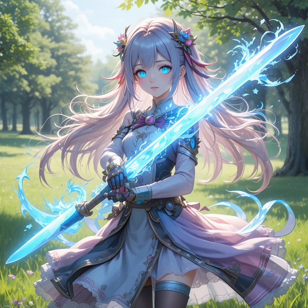 Anime girl wielding a rainbow sword on green grass