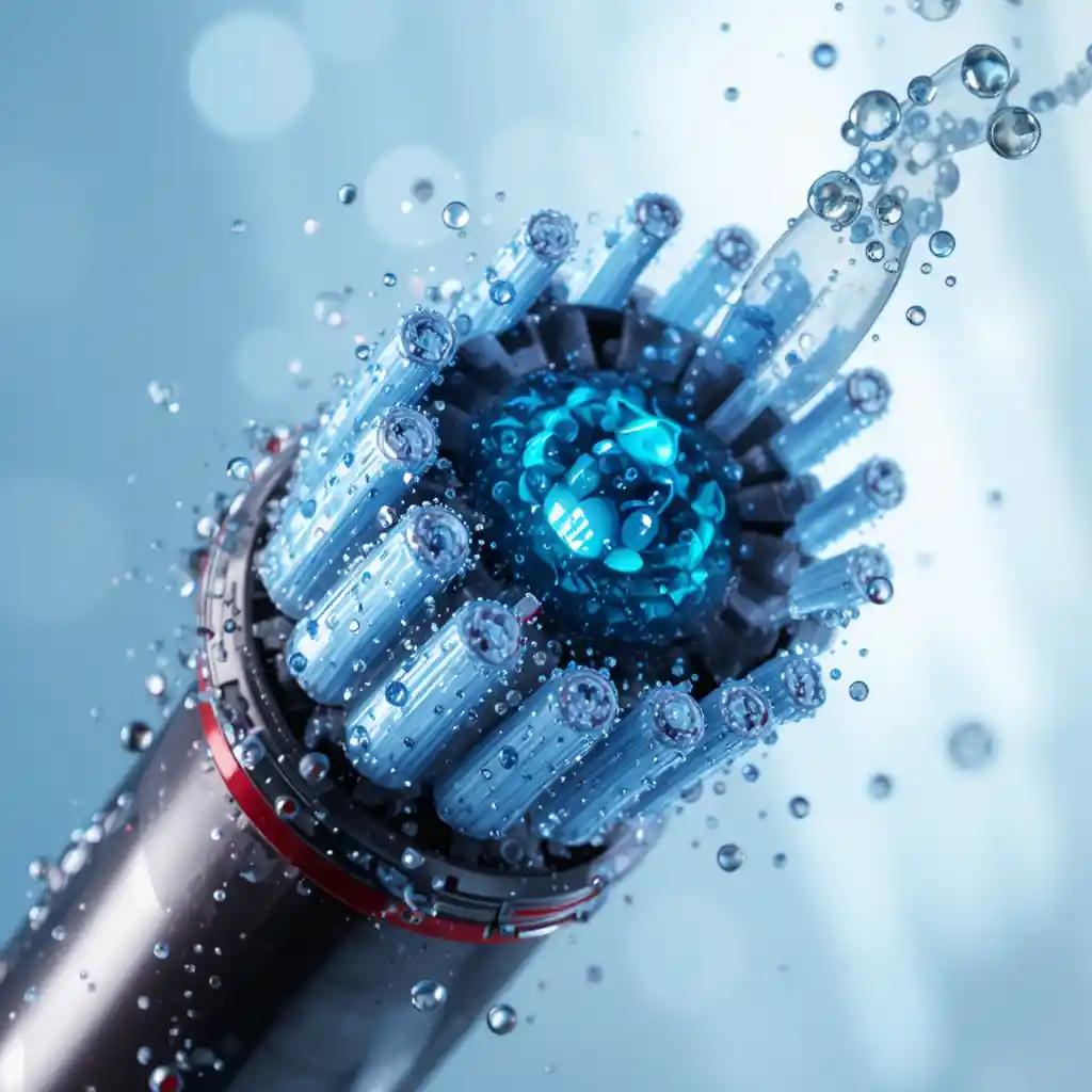 Nahaufnahme eines 3D-Renderings einer elektrischen Zahnbürste mit Wassertropfen