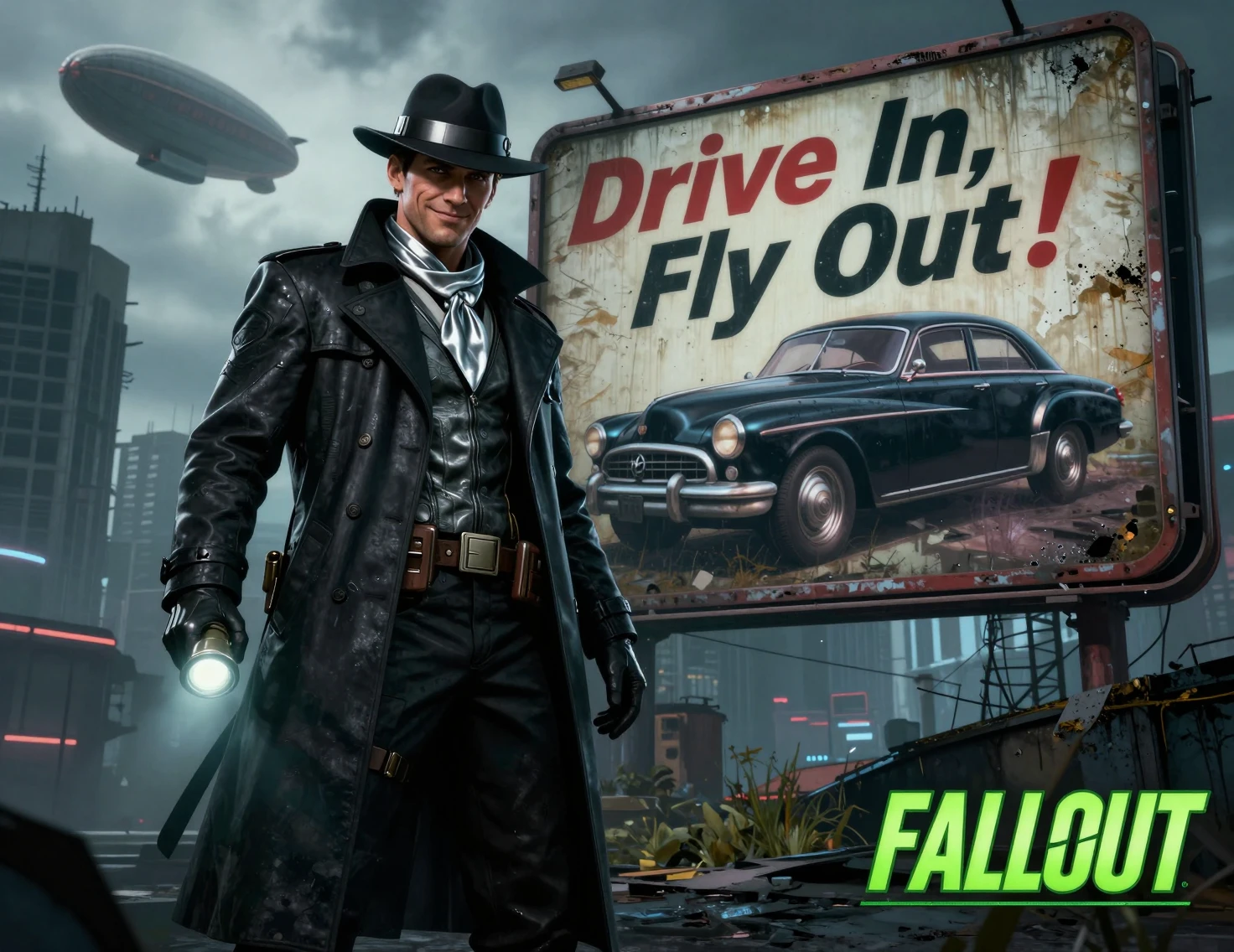 Sci fi detective in coat by retro futuristic car billboard