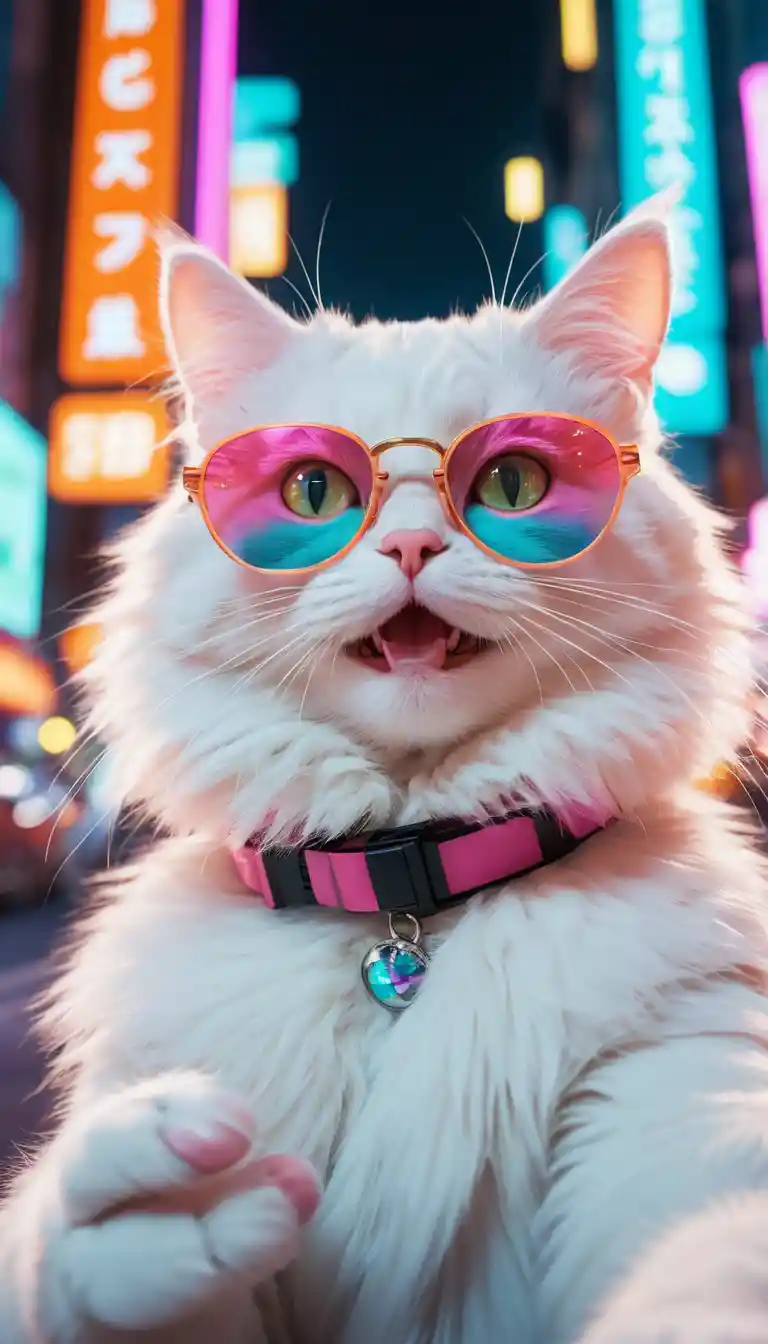 ネオンサイバーパンクシティで自撮りするふわふわアニメ猫
