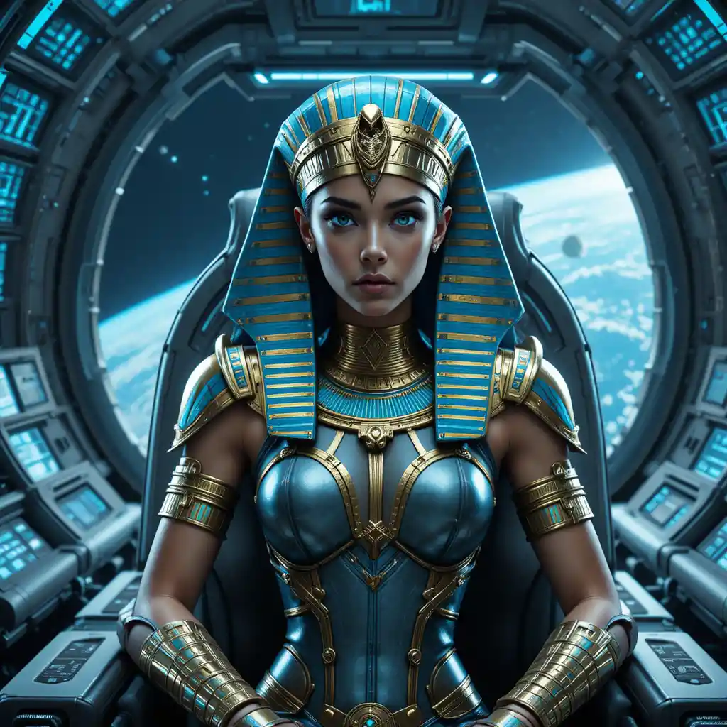Futuristic egyptian commander seated in a spacecraft cockpit