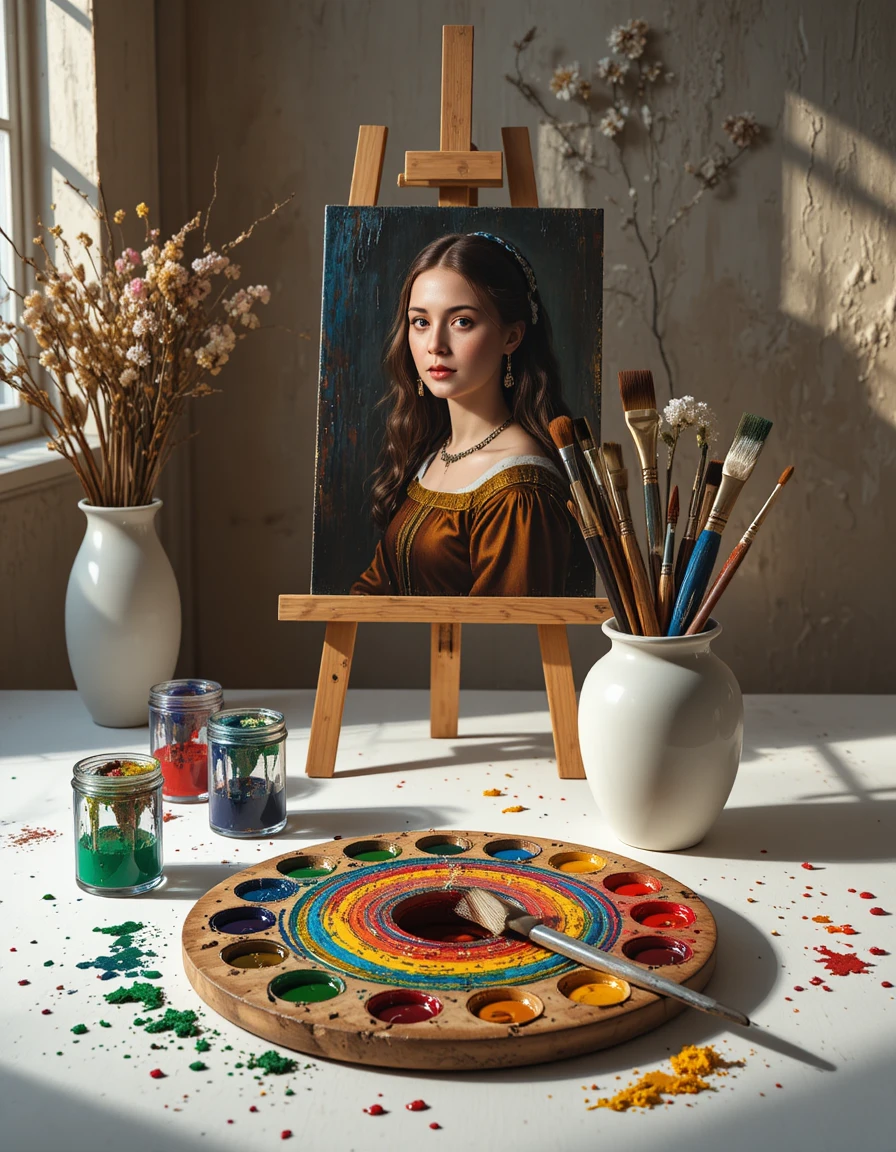 Cinematic still life of colorful painter workspace in studio