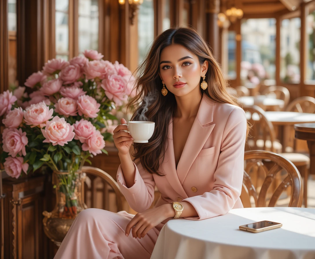 Elegante Frau genießt Kaffee auf einer sonnigen Café-Veranda