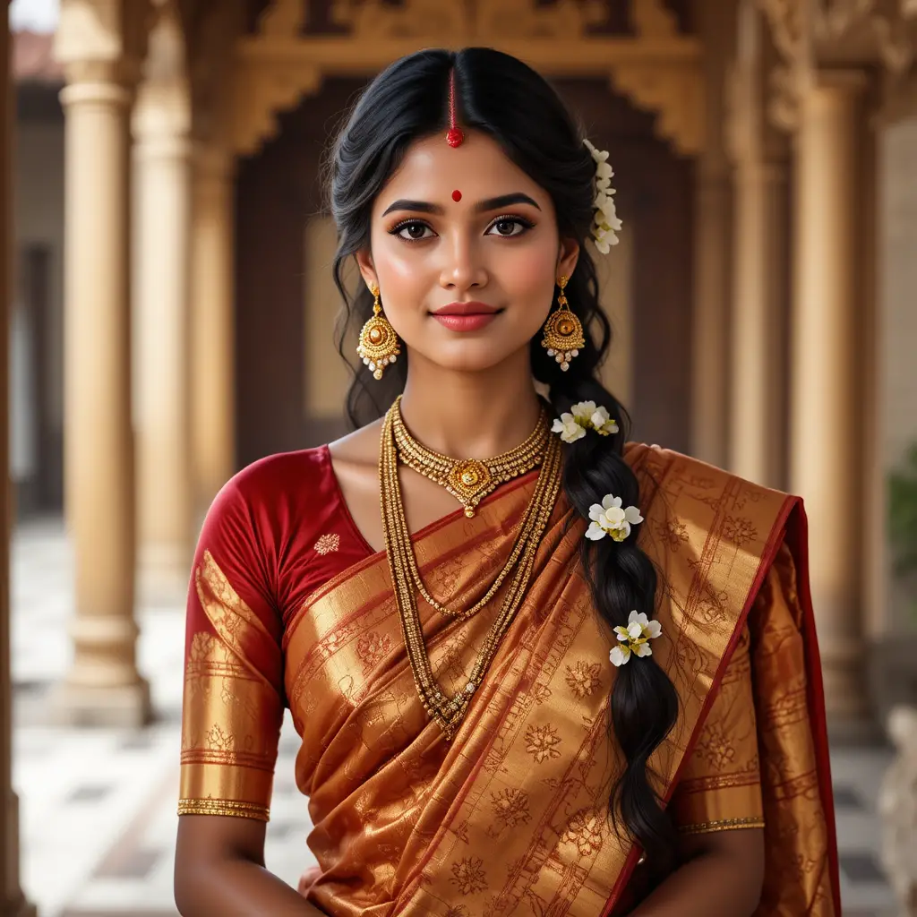 Retrato de mujer tamil con sari de seda y templo de fondo