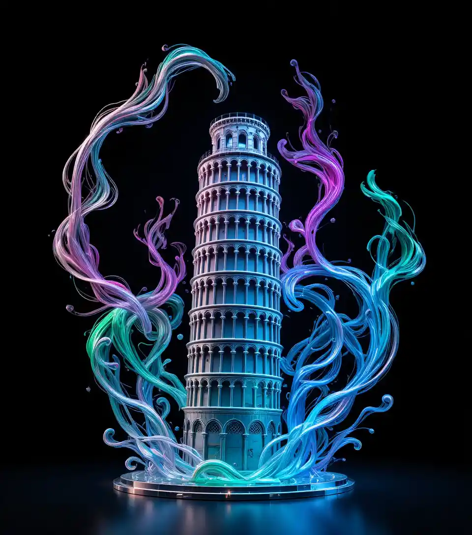 Futuristic 3D tower wrapped in chrome organic swirls