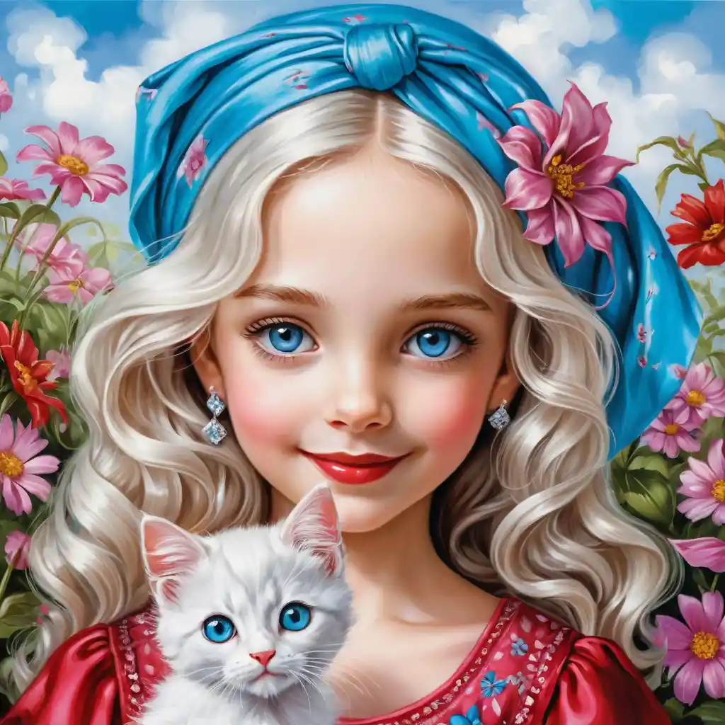 花柄のサマードレスを着て子猫を抱く笑顔のくせ毛の少女