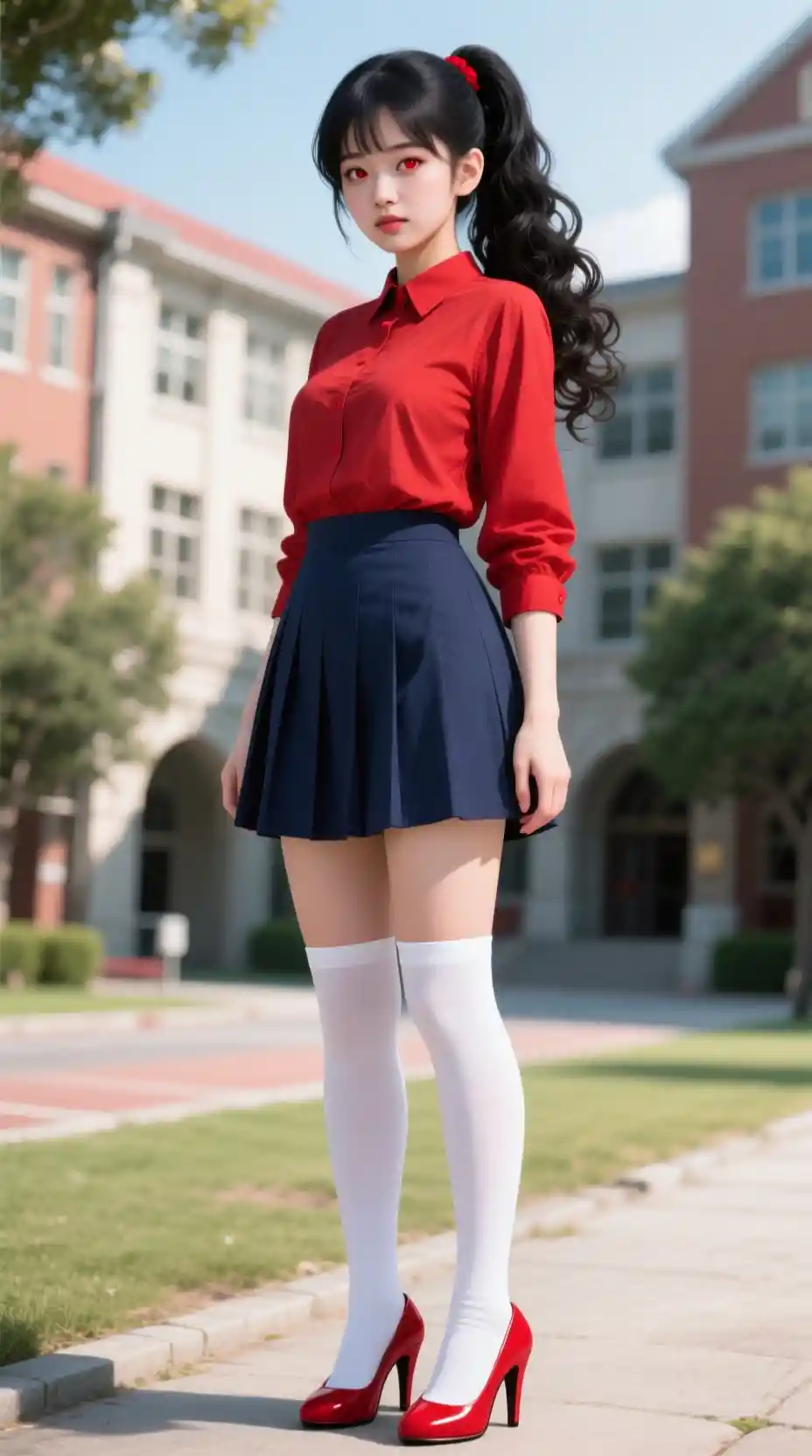 Donna giapponese in abito rosso su un vialetto del campus