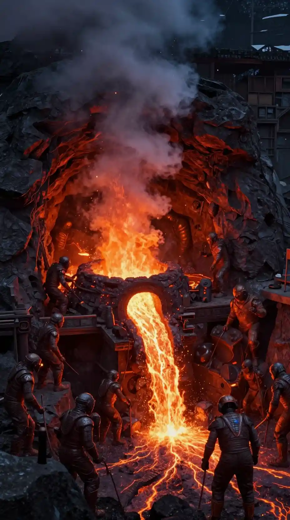 Autómatas de lava trabajando en una forja colosal dentro de cavernas volcánicas