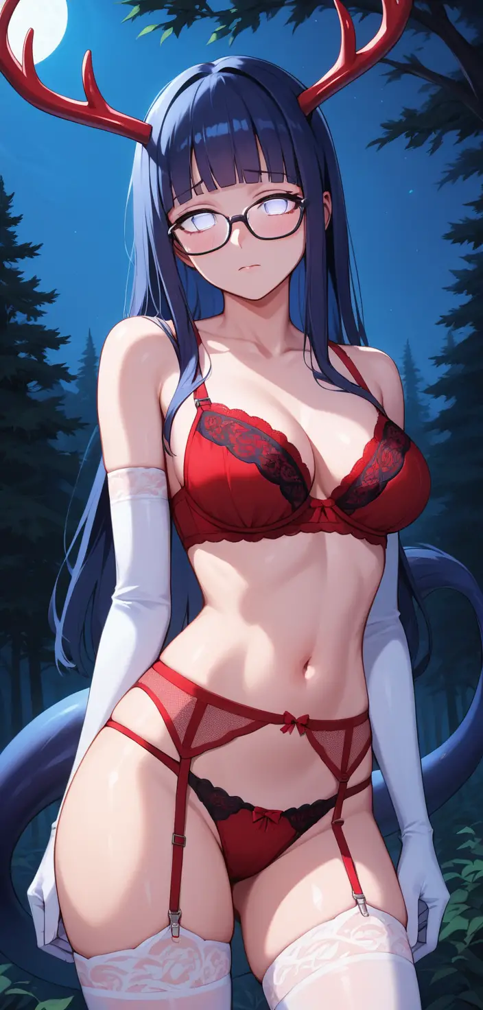 Shy anime girl in lingerie posing in a dark forest