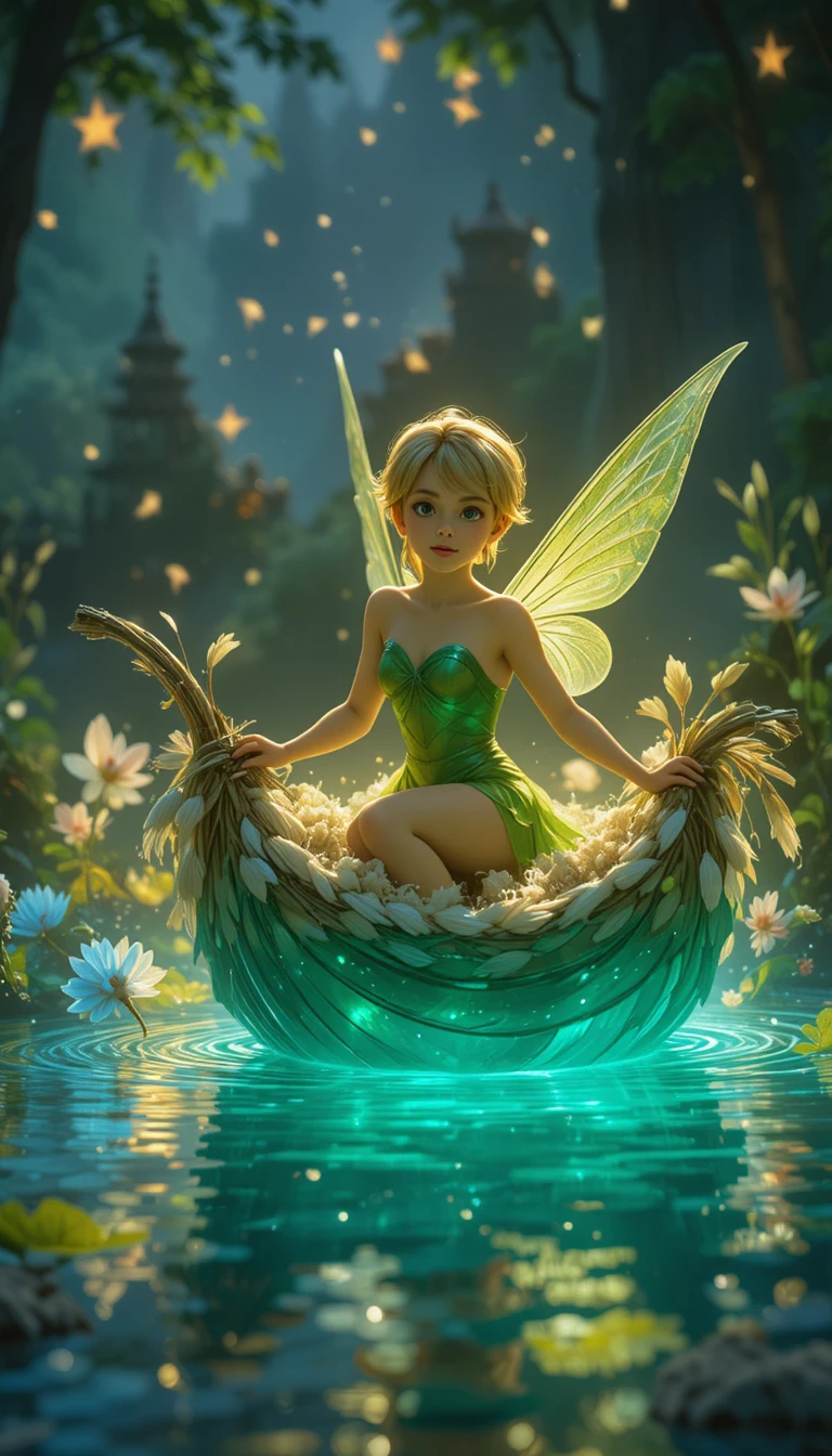 Fairy Sailing A Feather Boat On A Glowing Enchanted Pond