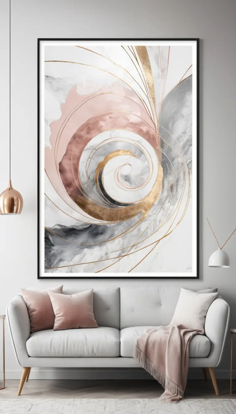 Obra de arte abstrata feminina emoldurada em tons metálicos