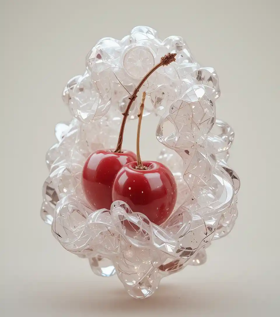 Forma cristalina surreal con acentos tipo cereza en luz suave