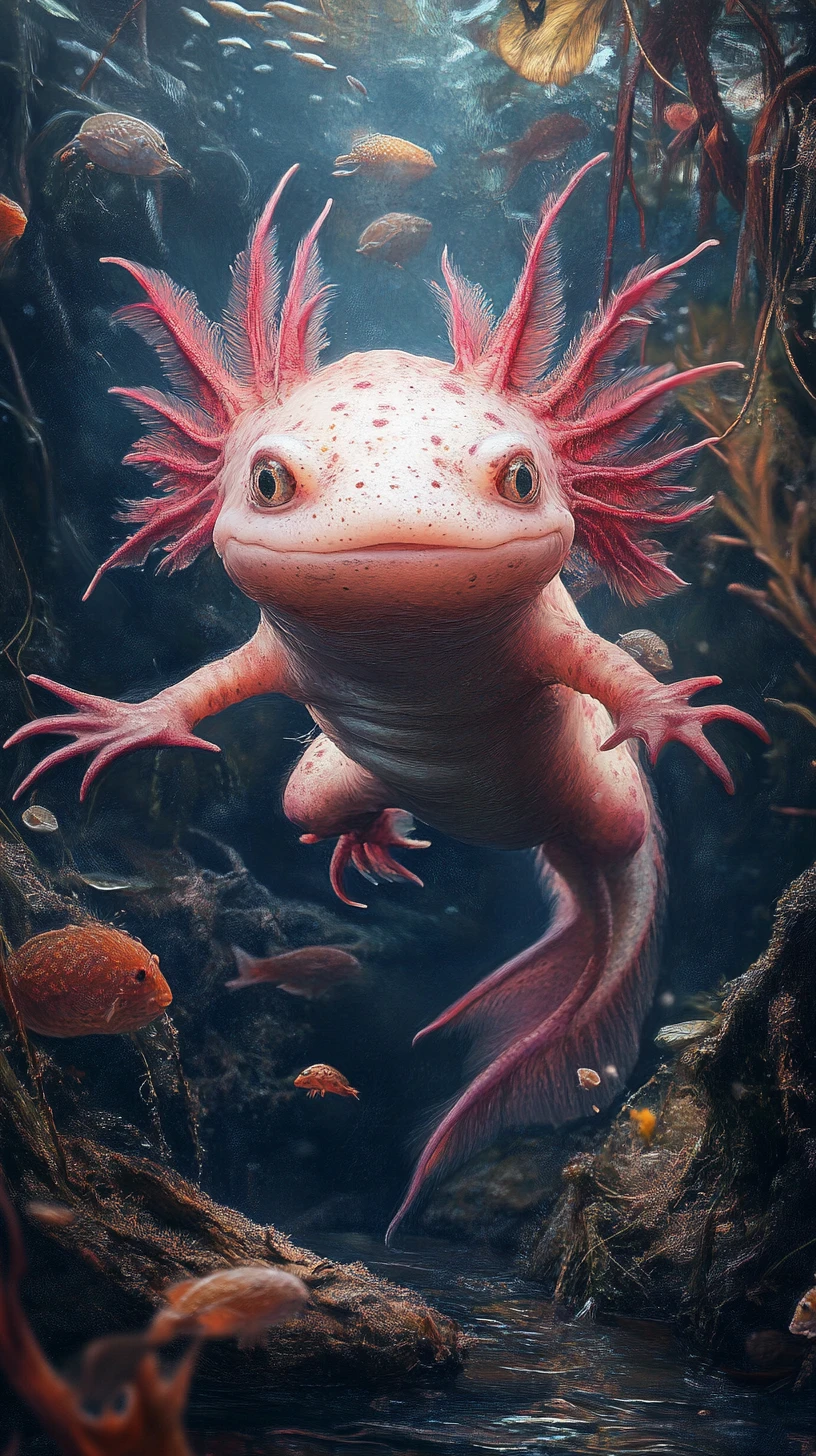 Surrealer Axolotl in einer seltsamen illusionären Traumlandschaft