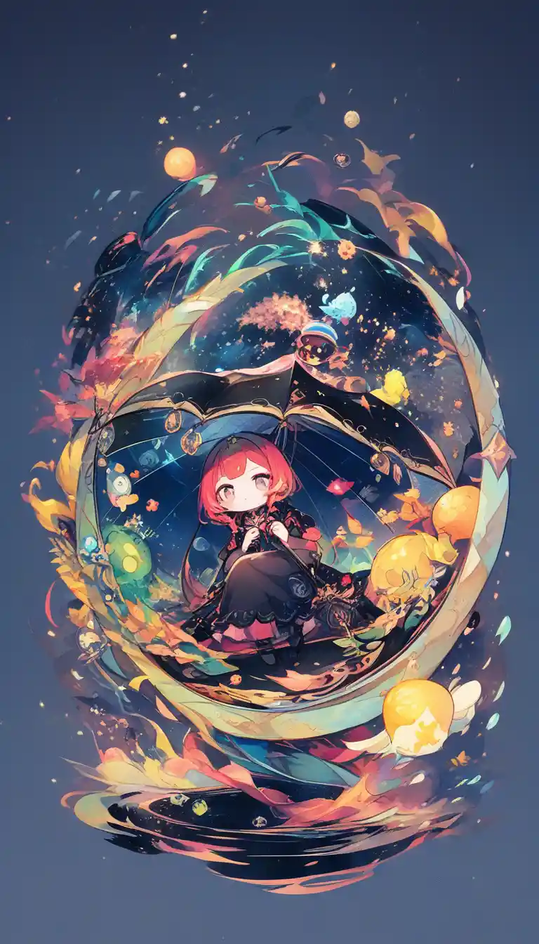 Lindo dragón negro chibi con paraguas bajo la suave lluvia