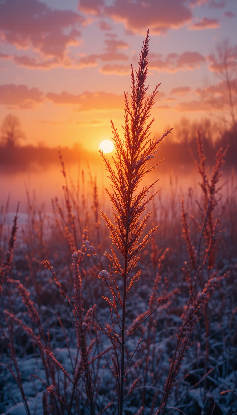 Golden reeds glowing in a colorful winter sunset sky