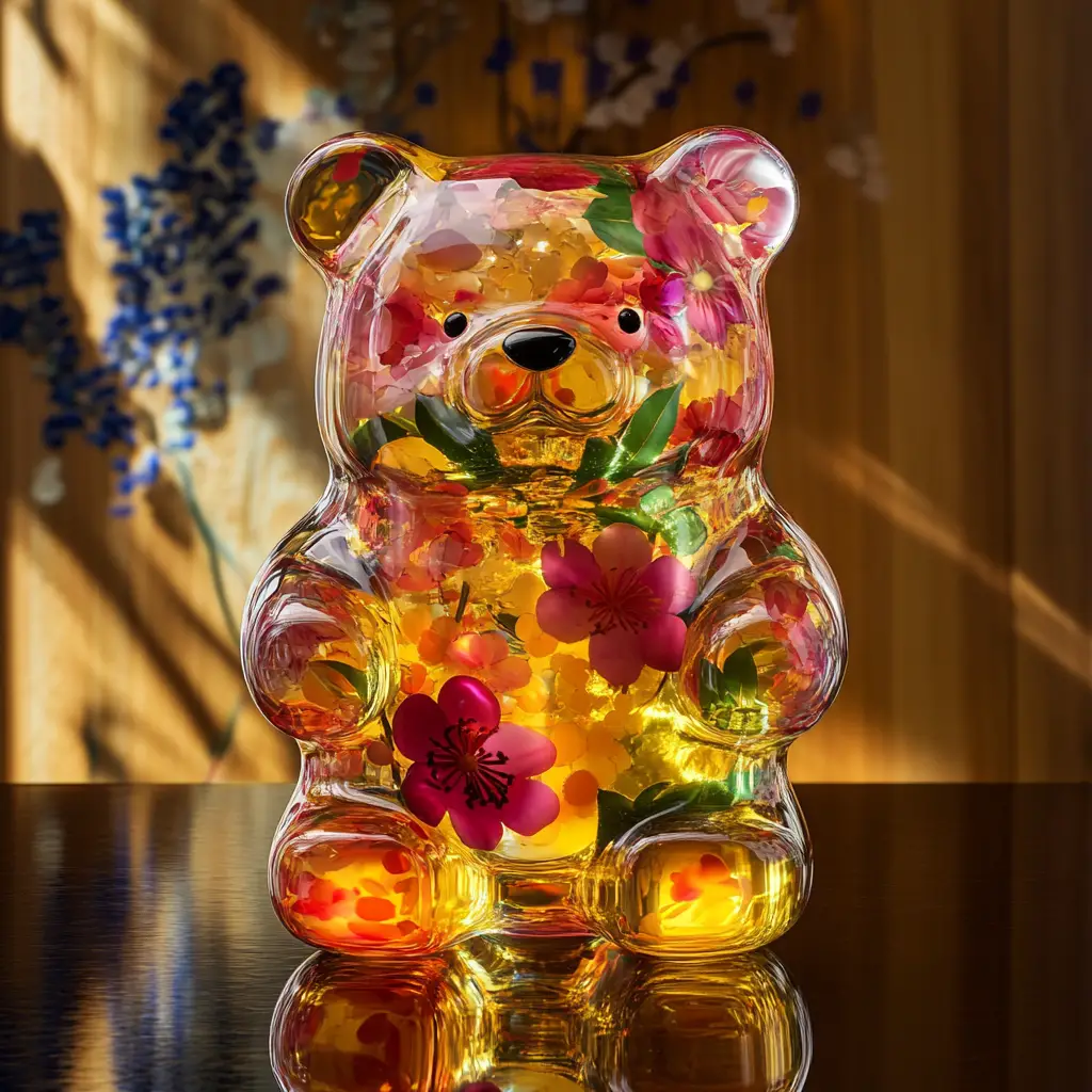 Orsetto gommoso luminoso pieno di fiori di tsubaki fluttuanti