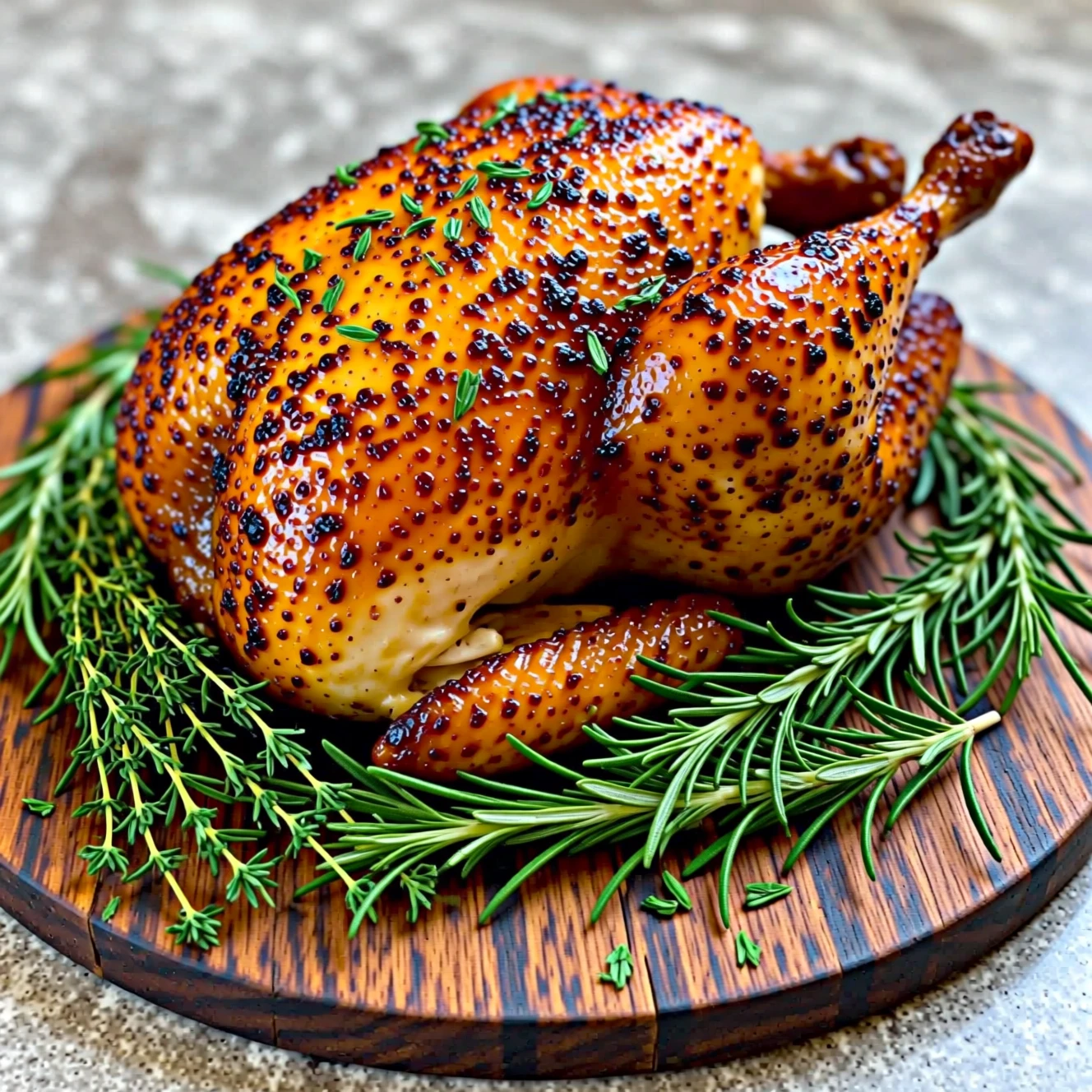 Pollo arrosto dorato su vassoio rustico in legno con erbe aromatiche