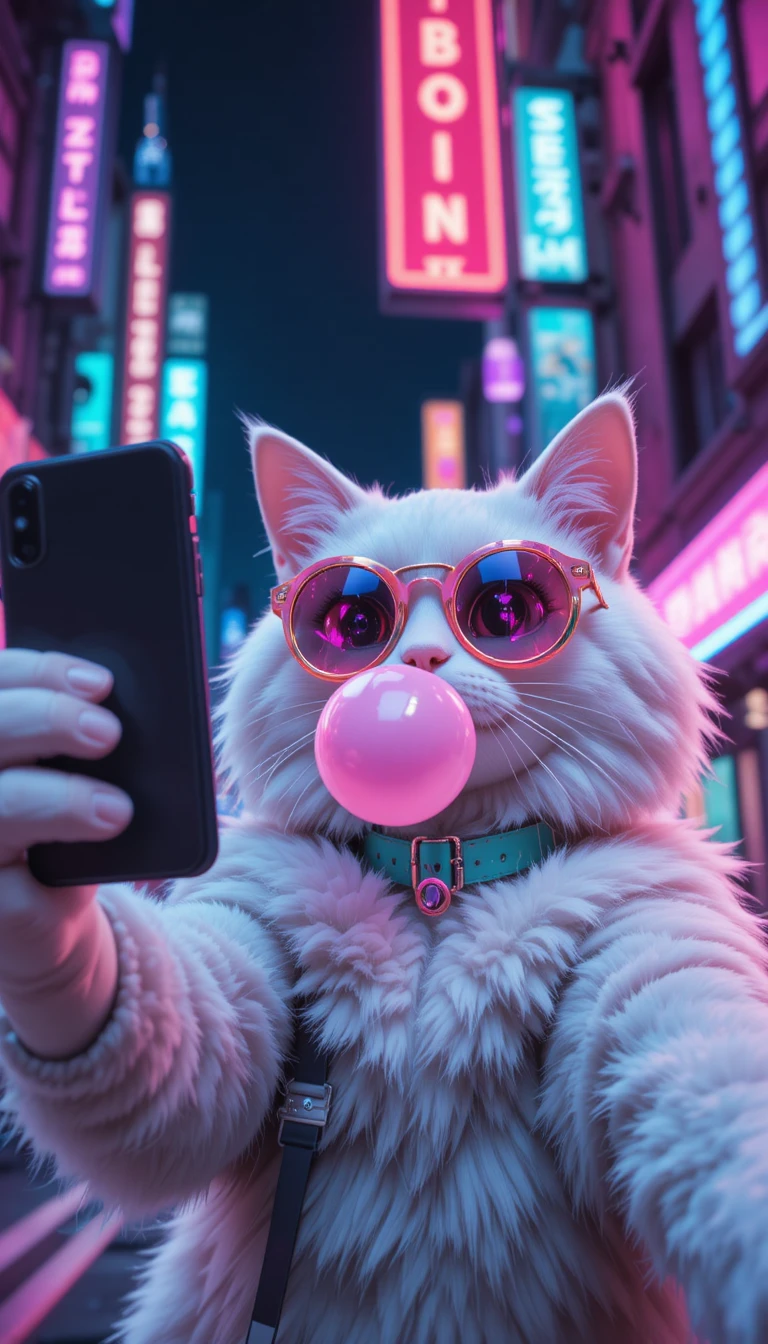 Fluffy anime 3D cat taking a neon city selfie