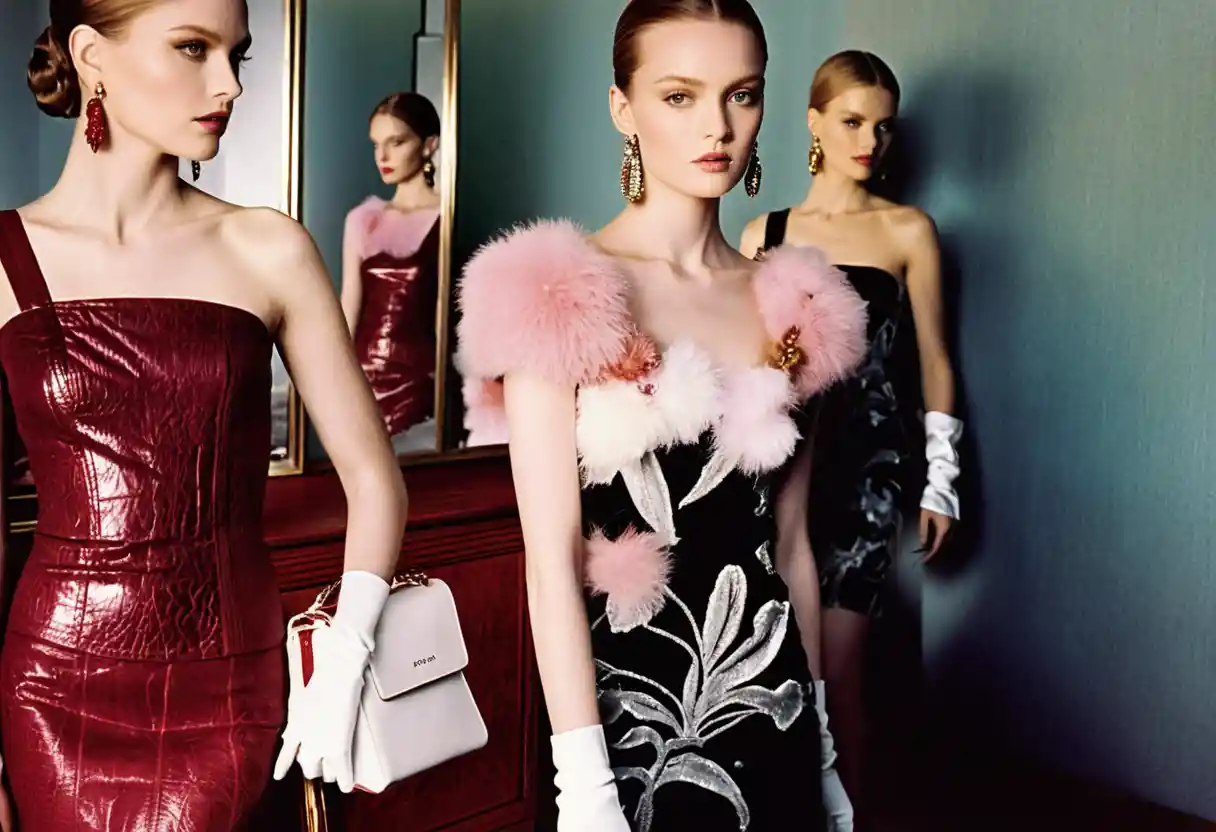 Red dress models posing in a mirrored fashion room