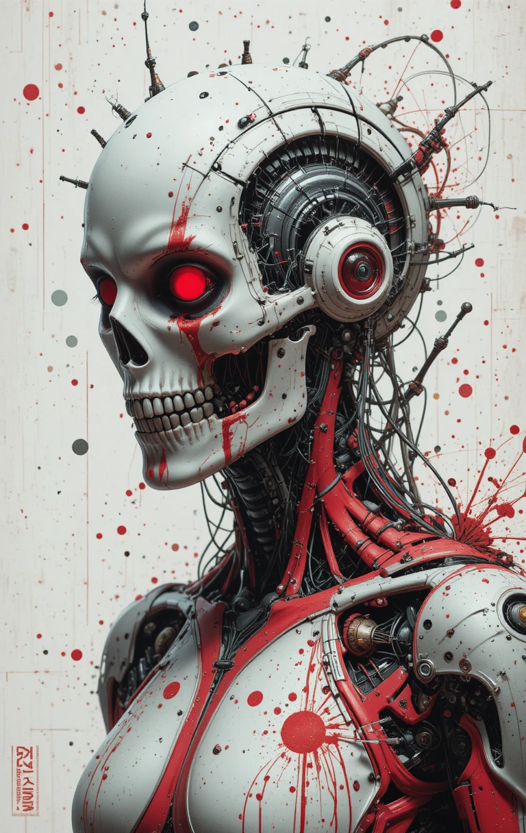 Cyborg en combinaison rouge et blanche avec masque de crâne et câbles