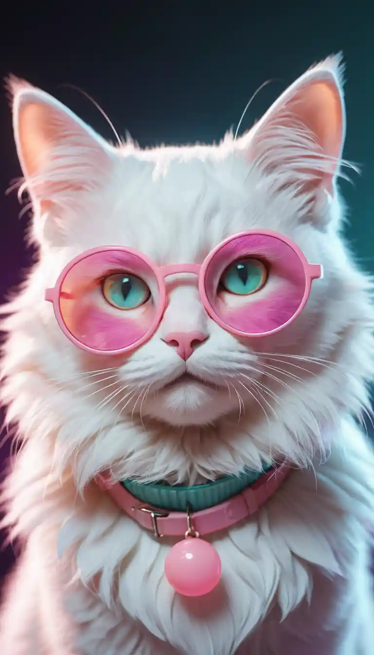 Cool white 3D anime cat blowing pink bubblegum