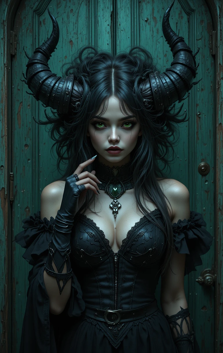 Gothic woman with horns before an old green door