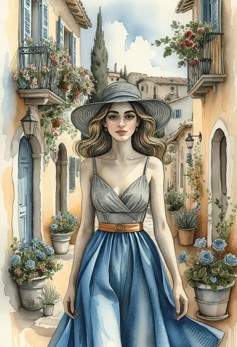 Romantic watercolor of a girl walking a sunlit Mediterranean alley