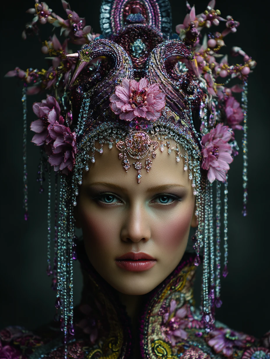 Regal empress portrait with jeweled swan headdress