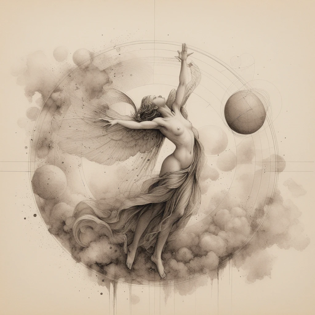 Ethereal angelic woman within a celestial orbital circle