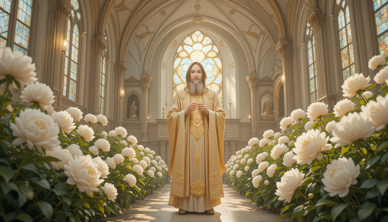 Saint Longin dans une chapelle baignée de soleil avec des pivoines blanches