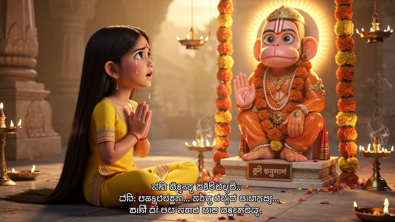 Young girl praying tearfully before Hanuman temple idol