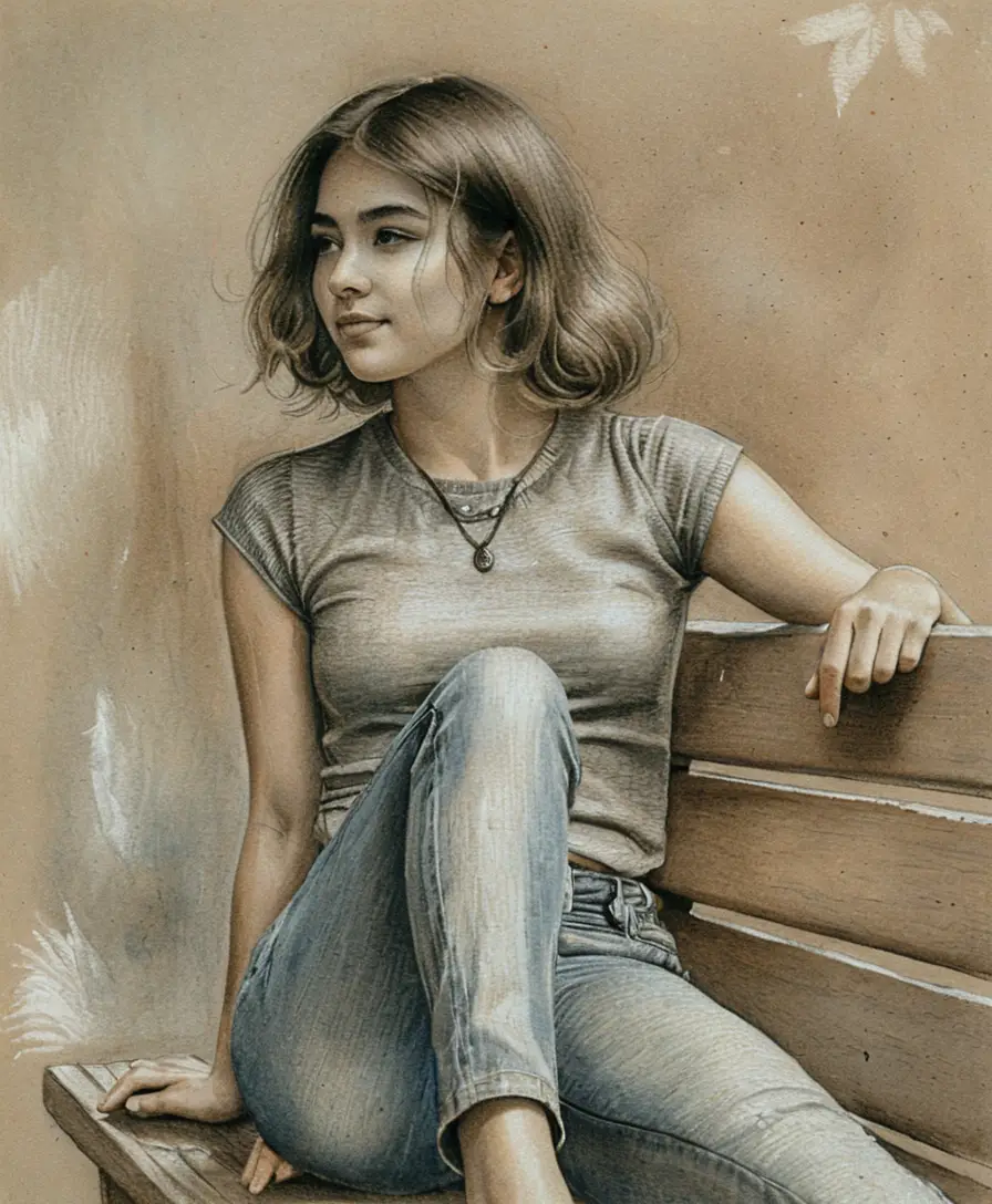 Young woman sitting sideways on a wooden park bench