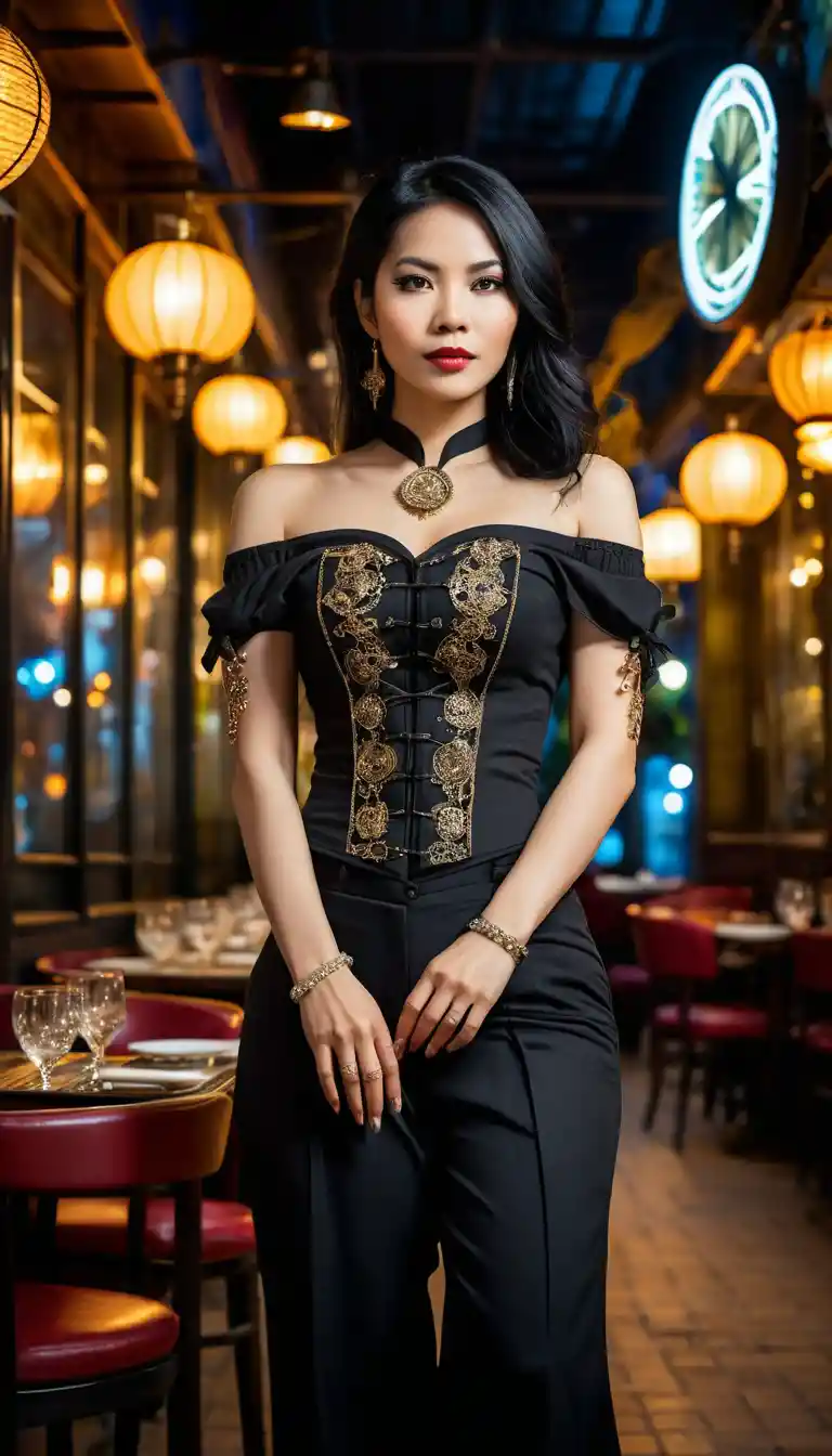 Vietnamese woman in steampunk attire at night restaurant