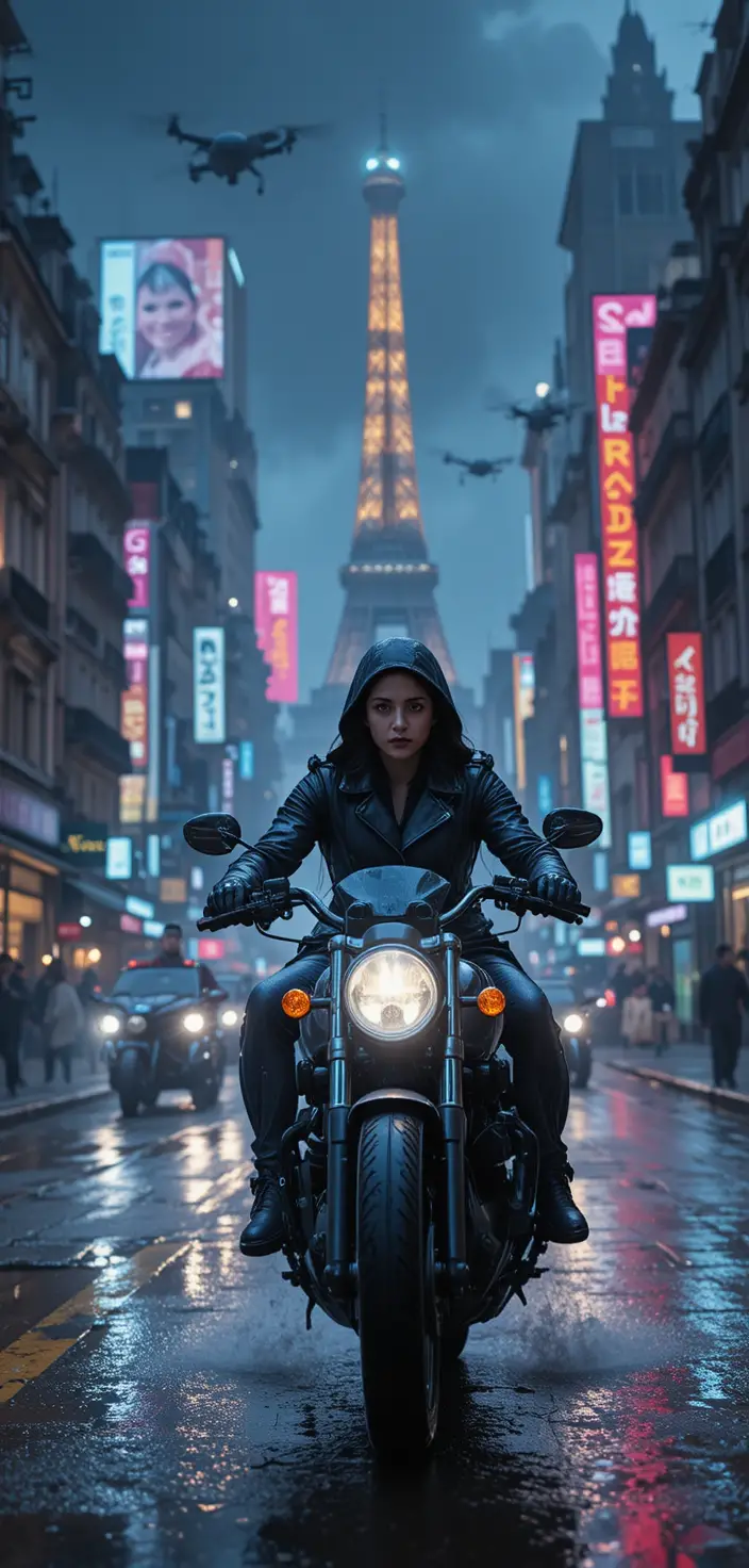 Cyberpunk agent racing through neon soaked neo paris streets