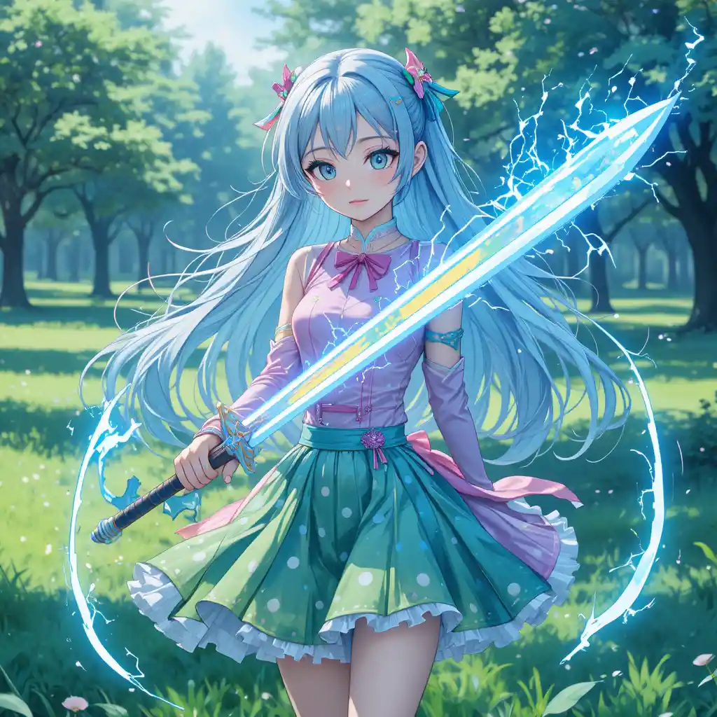 Anime girl with rainbow sword in a green meadow