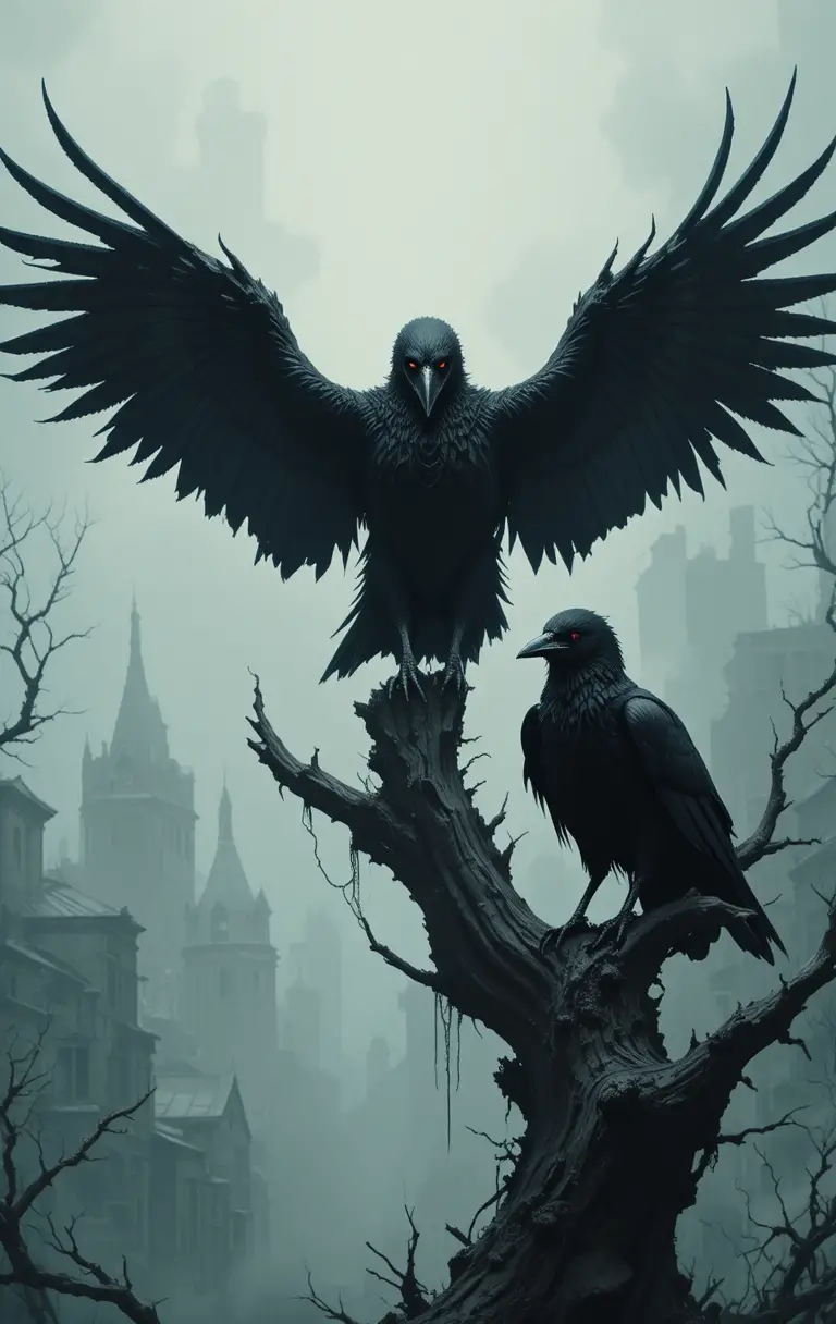 Three black crows on a bare tree over ghostly city